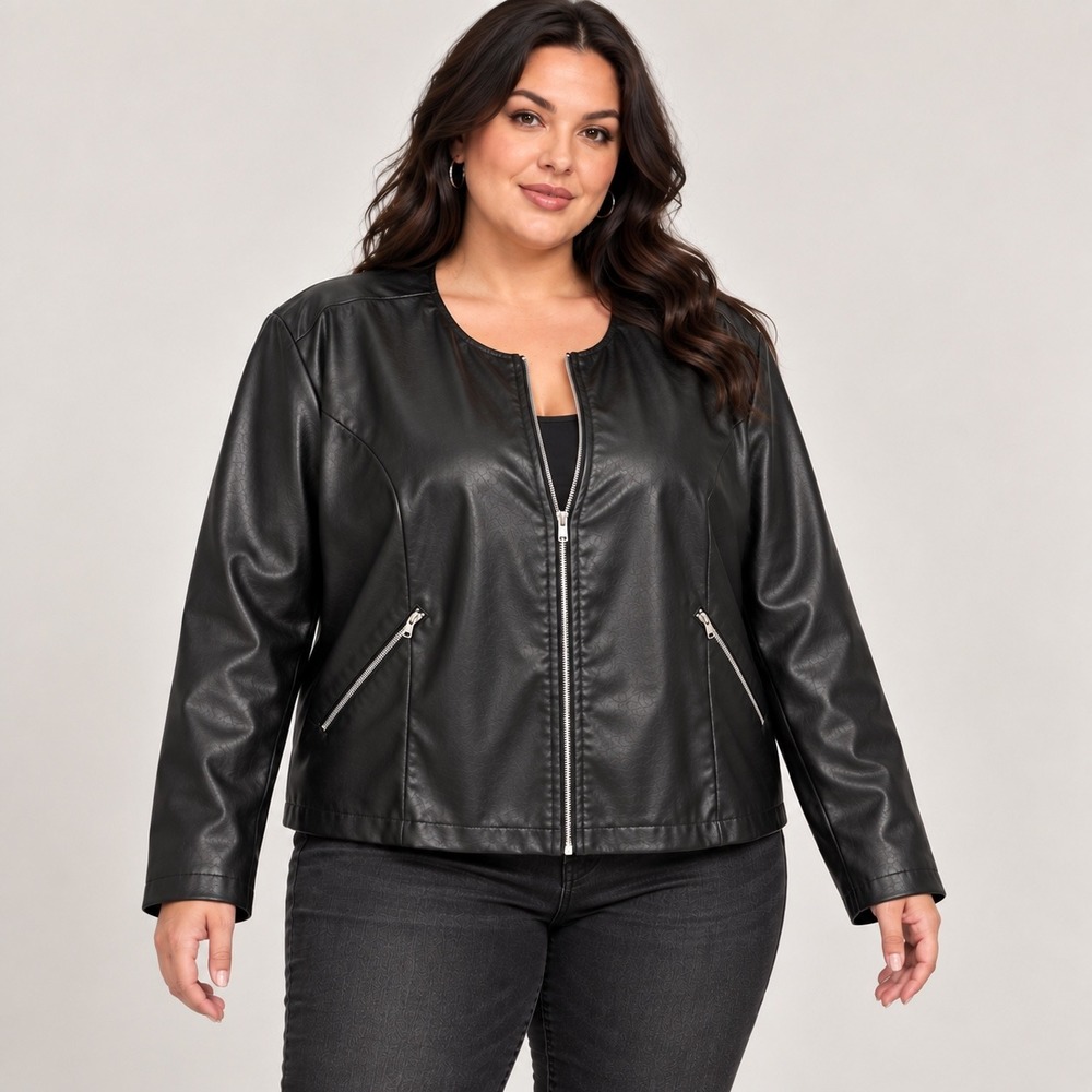 Shein Black Faux Leather Collarless Zip Up Moto Jacket Plus Size 4XL Edgy Biker